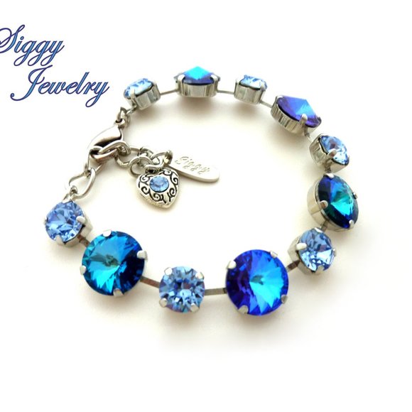 SEQUANA Blue Crystal Bracelet in Bermuda Blue and Light Sapphire, 12mm 8mm Mix - Picture 2 of 6
